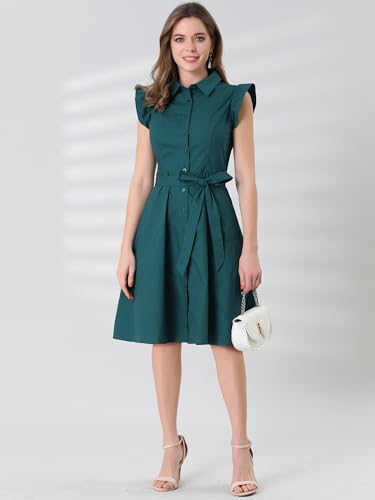 Image of Allegra K Women's Ruffled Sleeve Casual Office Dress Tie Waist Button Down Cotton Shirt Dresses