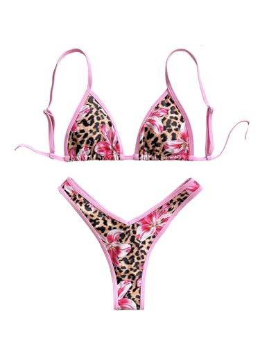 Women's 2 Piece Leopard Print Bikini Sets Floral Triangle String Tie Back High Cut Cheetah Swimsuits Bathing Suit