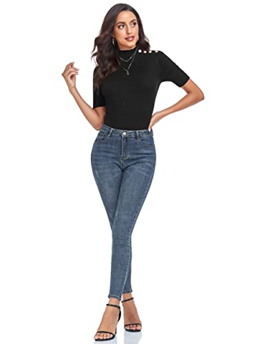 PrettyGuide Women's Short Sleeve Sweater Tops Mock Neck with Button Pullover Slim Fit Casual Business Knit Basic Top4