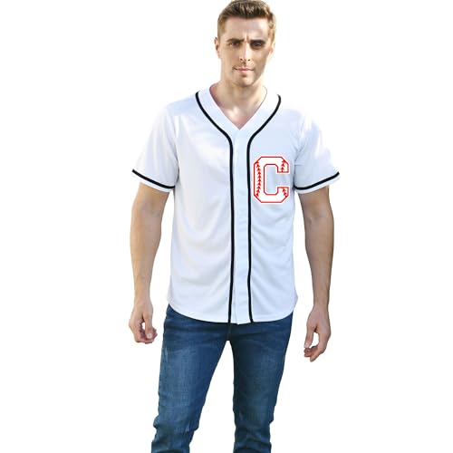 Mens Baseball Jersey Letter Printing Sport Softball Shirt Short Sleeve Button Up Cardigan Tee V-Neck S-XXL (Small,White-C)