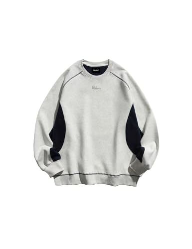 Fullneat Mens Teen Oversized Color Block Crewneck Sweatshirt Y2k Letter Graphic Long Sleeve Casual Pullover Shirt Grey