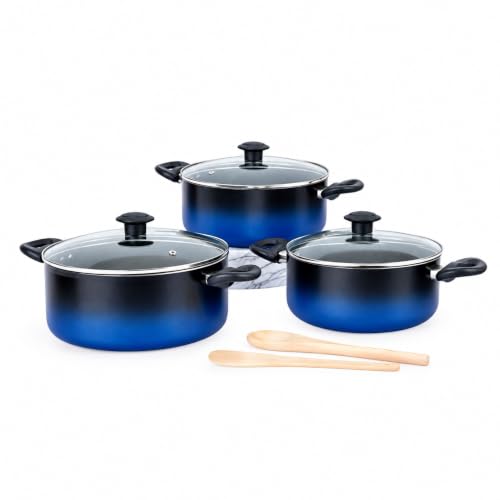 Image of Kreme Aura Granite Non Stick 8 Pcs Cookware Set | Aluminum Casserole Set with Glass Lid | 2.5 LTR + 3.5 LTR + 4.5 LTR | Uses Less Oil | Induction Base Gas Compatible | Biryani Pot | PFOA-Free, Blue