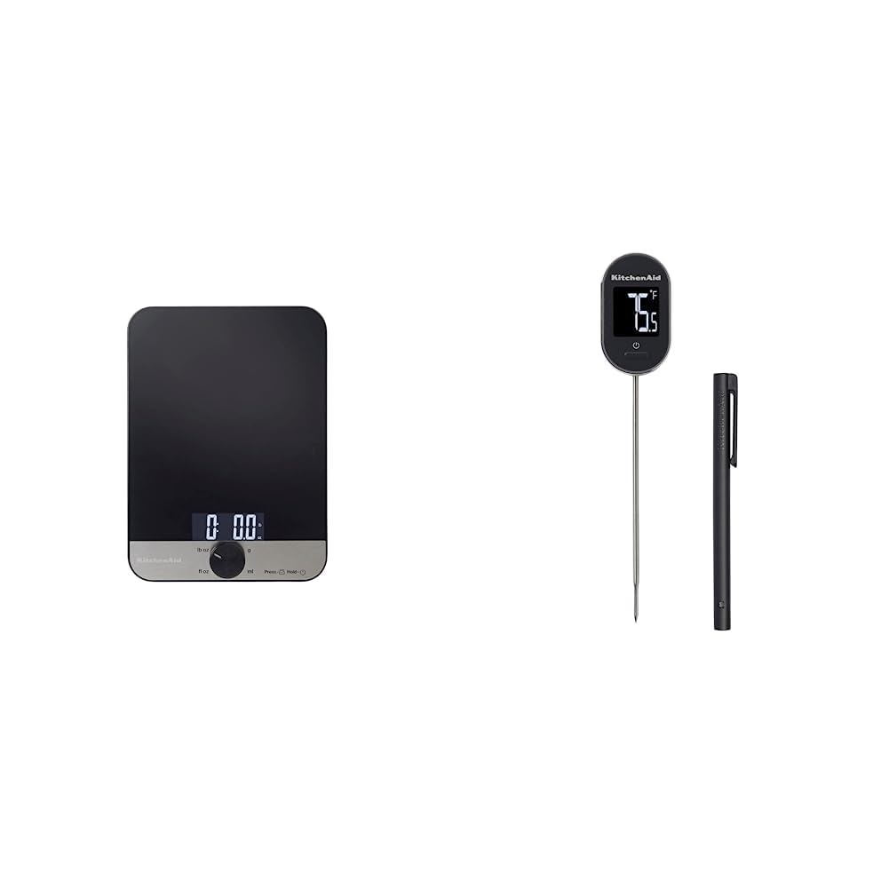 KitchenAid 2pc Digital Kitchen Tool Set, Digital Glass Top Kitchen Weighing Scales & Pivoting Instant Read Digital Thermometer