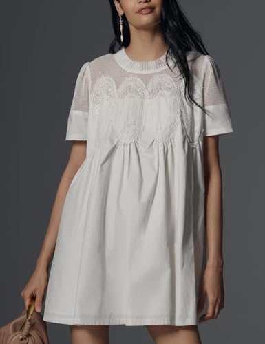Image of Shiyifa Womens Babydoll Lace Patchwork Dresses Summer Short Sleeve Ruffle Sundress Loose Crew Neck A-Line Dresses