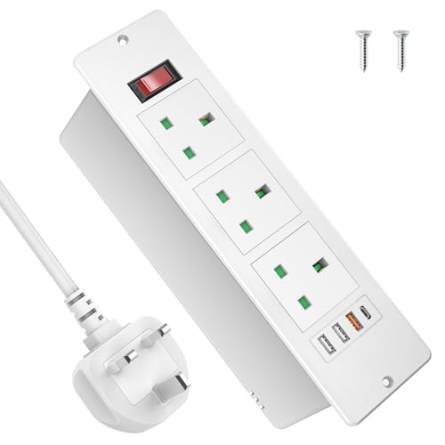 Recessed Power Strip with USB C PD20W, Desk Power Socket Extension Lead with Switch, Power Strip with 3 Outlets 3 USB for Furniture Kitchen Worktops, 2M Cable, White