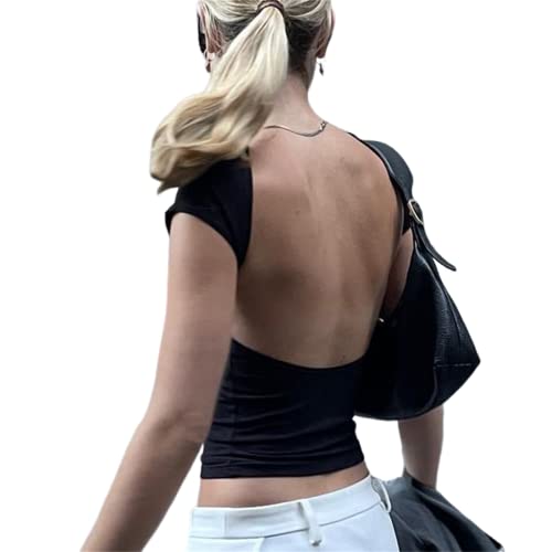 Shinra Tianzheng T-Shirts Dos Nu pour Femmes Haut Court Solide décontracté sans Manches Sexy Vintage découpé 2022 Mode d'été (S,Le Noir) Cover