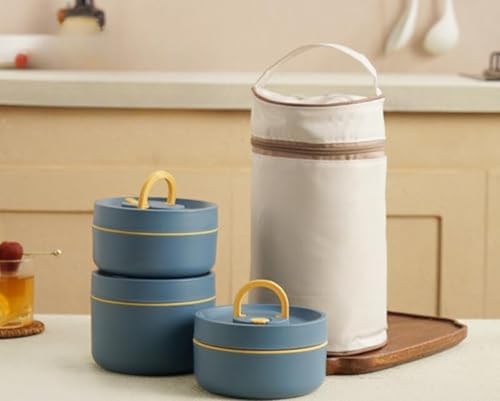 JBJSHHY 保温弁当箱 スープ 真空断熱スープ セット 大容量 2段 /3段 /4段 保温 大容量 ランチジャー 茶碗 断熱セット ステンレス 真空断熱ス 5時間の保温 通勤 運動会 通学 キャンプ (ブルー,3層)