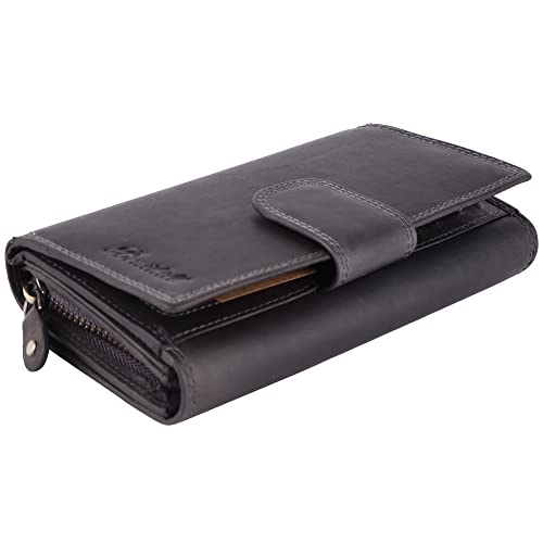 Benthill Damen Portemonnaie Leder XXL - Große Geldbörse mit RFID Schutz - Echtleder Vintage Damenbörse inkl. Geschenkbox (Grau) Cover