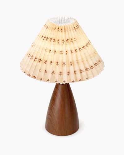 Image of Homesake Wood Grain Pattern Small Table Lamp, Desk Light, Wooden Bedroom Lamps for Nightstand, Scalloped Lamp Shade Table Lamps Small Spaces, Bedroom, Living Room, Taper Cone, (Pleated Floral)