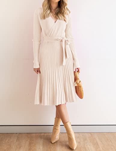 Zesica Women's Long Sleeve Wrap V Neck Ribbed Knit Pleated A Line Pullover Sweater Dress With Belt,Apricot,Medium #TOP3