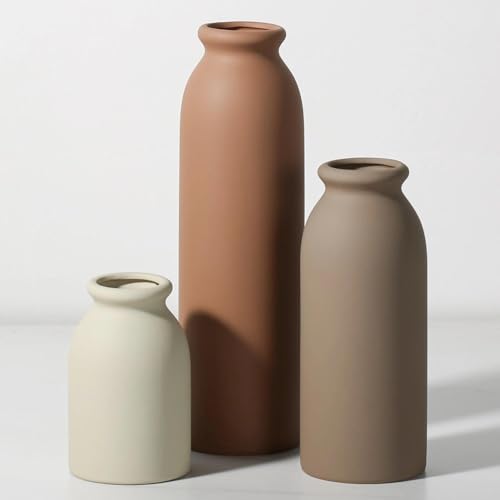 Lot de 3 vases modernes en céramique - Tons terre mates - Forme de bouteille décorative - Marron/gris/beige - Décoration d'intérieur minimaliste