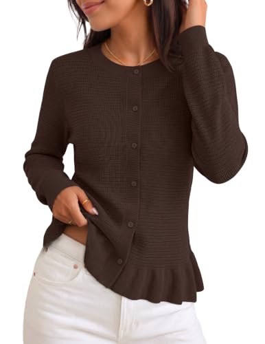 MEROKEETY Womens Button Up Cute Ruffle Cardigan Sweaters, Coffee, XL