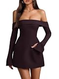 Wenrine Women's Sexy Off The Shoulder Mini Dress Bell Long Sleeve A Line Flared Going Out Club Party Dresses Coffee