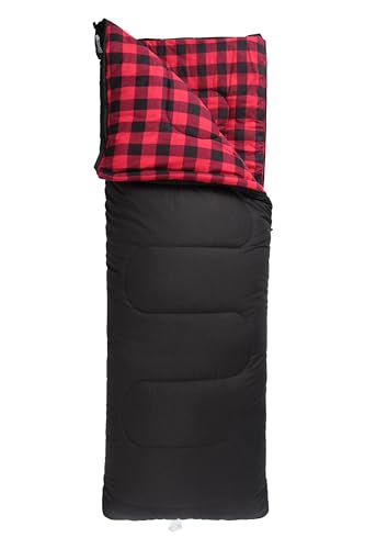 Mountain Warehouse Check Flannel Sleeping Bag - Extra Cosy & Comfortable 1/2 Season Bag with Two Way Zip - Best for Spring Summer, Camping, Hiking, Trekking & Outdoors Black