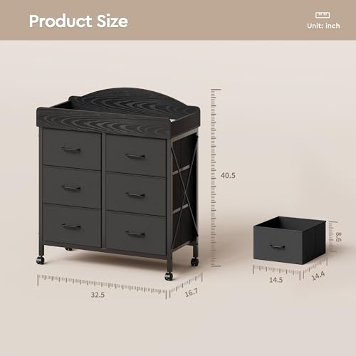 Yetom Baby Changing Table Dresser with Wheels, 6-Fabric Drawer Baby Dresser with Changing Table Top, Waterproof Diaper Changing Station & Pad, Mobile Storage Unit, Compact Baby Furniture, Black