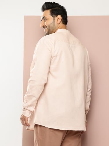 Image of Thomas Scott Men's Solid Cotton Linen Casual Shirt | Full Sleeve | Regular Fit | Mandarin Collar