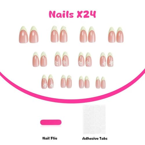 Image of Green Press on Nails Medium Almond Shaped Fake Nails with White Flower Design Nude Full Cover Stick on Nail 3D Wave Natural False Nail Artificial Acrylic Summer Glue on Nails for Women Manicure 24Pcs