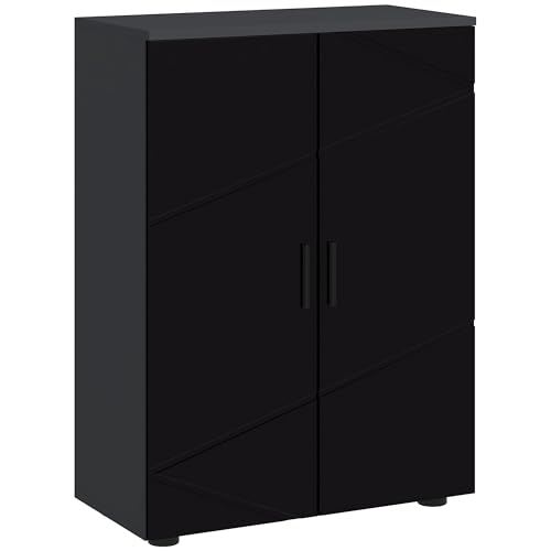 kleankin Mobile Bagno Salvaspazio in Legno a 2 Ante, Armadietto Bagno con Chiusura Soft Close e 3 Ripiani, 60x30x82cm, Nero Lucido