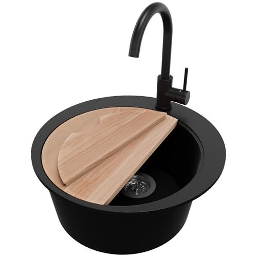 PRIMAGRAN Granitspüle Schwarz 50x50cm Spülbecken 1 Becken + Küchenarmatur 32x20cm + Zuberhor-Set Küchenspüle ab 45er Unterschrank - Piza Top S035
