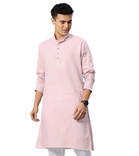 Image of Majestic Man Men's Cotton Regular Fit Traditional Mandarin Collar Ethnic Motifs Solid Long Kurta