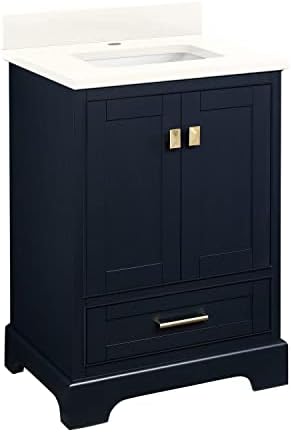 Signature Hardware 483368 Quen 24" Free Standing Single Basin Vanity Set with Cabinet, Vanity Top, and Undermount Sink - 1 Faucet Hole - Midnight Navy Blue/Arctic White Quartz