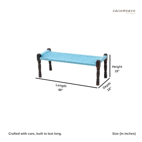 Image of Wooden Bench for Seating | Handcrafted Sheesham Wood Bench for Living Room, Balcony & Garden | Traditional Patio for Outdoor with Cotton Handwoven Rope | Blue
