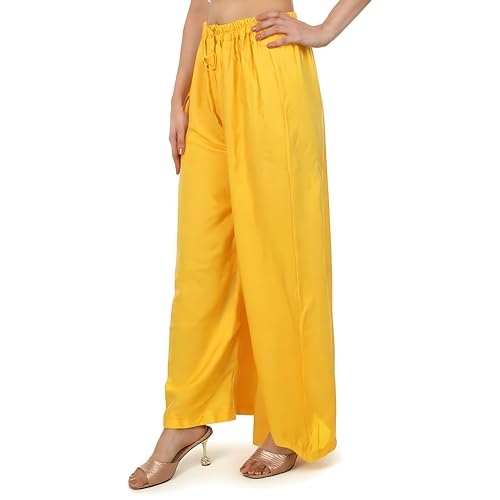 Image of Women's Rayon Palazzo Pants | Solid Color Wide Leg Trousers in 18 Shades | Elastic Waist Casual Bottoms XS-7XL | Comfortable