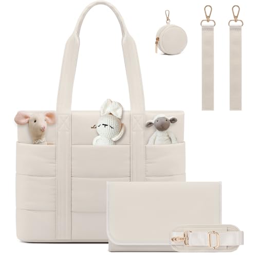 Image of LOVEVOOK Diaper Bag Tote, 15.6inch Puffer Baby Diaper Bag Waterproof Travel Diaper Tote with Changing Pad Pacifier Case