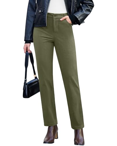 GRAPENT Ladies Casual Pants Women's Fall Fashion Women's Elastic Waist Pants Corduroy Trousers Women Olive Green Large Fits US Size 12 to 14