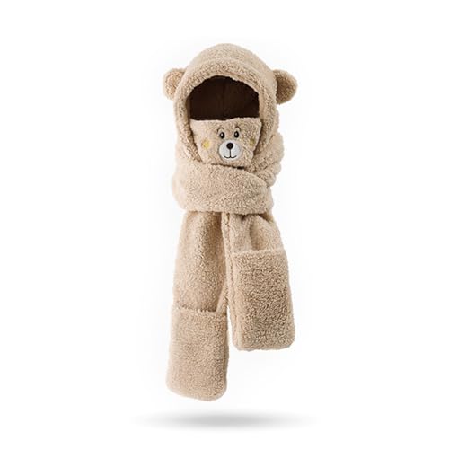 Muloo Cute Fleece Bear Ear 4in1 Scarf Hat Mitten Mask Suit Soft Winter Hat Thicken Warmer Supplies for Women Teens Winter, Beige