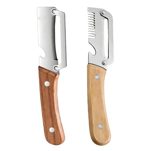 2 Stück Multifunktionaler Gemüseschäler Sparschäler mit Holzgriff aus Edelstahl 3-in-1 Küchenschäler mit Julienne-Reibe und Flaschenöffner Ergonomisches Küchenwerkzeug (Mix-2pcs)