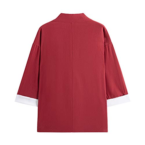 Image of Mens Japanese Kimono Cardigan Cotton Linen Haori Fashion 3 /4 Sleeve Yukata | Shawl Collar Kimono Jacket Robe Embroidery Patchwork Happi Coat Tie Pockets Lightweight Outerwear Daily Casual All Seasons