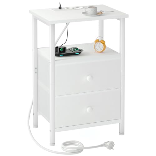 AMHANCIBLE Comodino con funzione di ricarica, tavolino con cassetti in tessuto, divano con ripiano aperto, con 2 porte USB e 2 prese, comodini per camera da letto, soggiorno, bianco HETS020WT-1