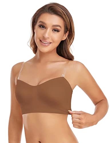 Lusait Strapless Bra For Women Non-Slip Silicone Padded Bandeau Bra Wireless Tube Top Bra Brown M #TOP5