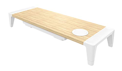 Bostitch Office Wooden Monitor Stand with Wireless Charging Pad, Drawer for Storage, Adjustable Height Riser Includes Removable Non-Skid Rubber Feet - Wood Grain and White (STND-2408WH)