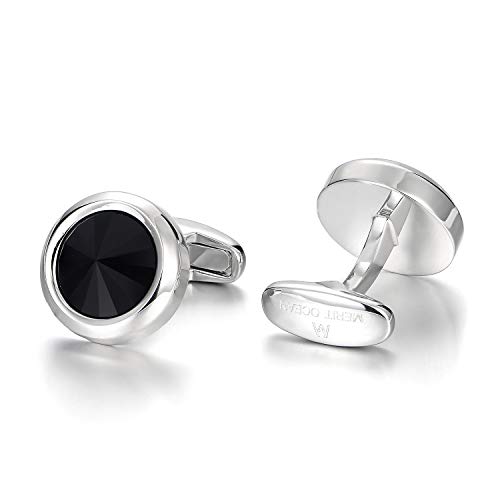 MERIT OCEAN Mens Elegant Style Cuff Link Super Shiny Swarovski Navy Blue Crystal Circular Cufflinks (Black) - Thumbnail 3