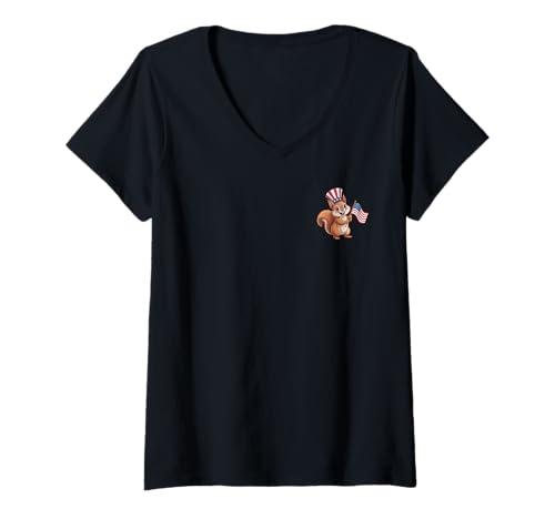 Womens Freedom Patriotic Squirrel Independence Day Fun Summer Vibes V-Neck T-Shirt