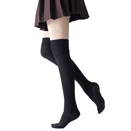 Verdancy Yoga Pilates Thigh High Socks with Grips for Women Fleece Non Slip Cushioned Over Knee Socks for Barre Ballet
