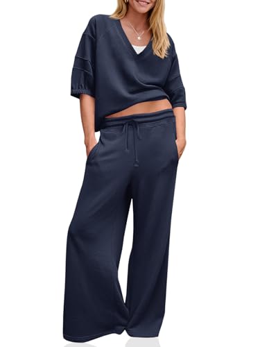 Fisoew Womens 2 Piece Lounge Sets Outfits Sweatsuits V Neck Sweatshirts Tracksuit Wide Leg Pants Fall Matching Sets