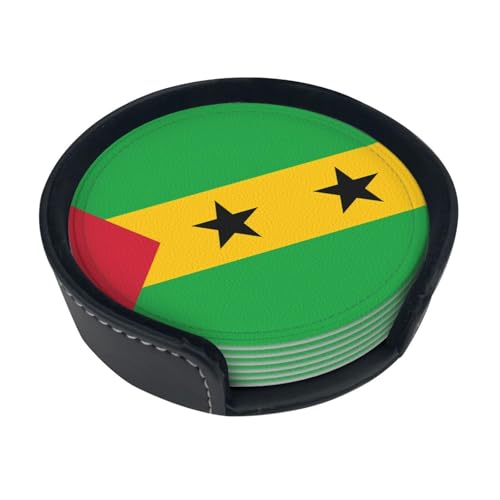 Lot de 6 dessous de verre ronds imprimés drapeau de Sao Tomé et Principe avec boîte de rangement pour restaurants et cafés