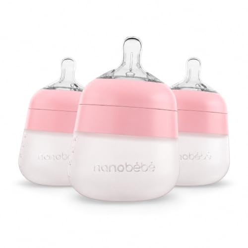 Image of Nanobebe Flexy Silicone Baby Bottle, Anti-Colic, Natural Feel, Non-Collapsing Nipple, Non-Tip Stable Base, Easy to Clean 3-Pack, Pink, 5 oz