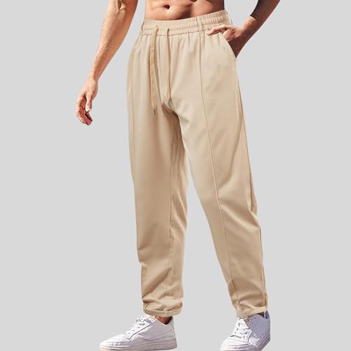 Drawstring Pants Mens Solid Pockets Long Trousers Elastic Waist Straight Leg Basic Trousers Workwear Pants Fitted2