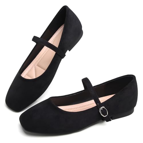 Image of TN TANGNEST Leather Flats for Women Retro Mary Jane Flats | Comfortable Square Toe Slip On Flats with Buckle Strap, Soft Work Flats Office Shoes