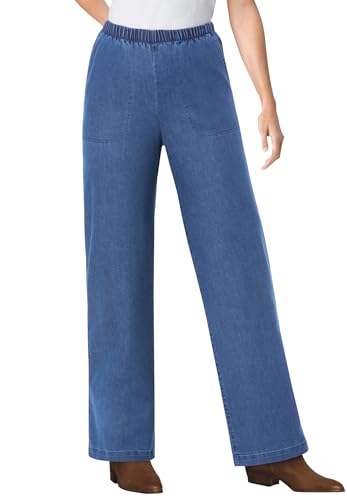 Woman Within Plus Size Womens Plus-Size Fineline Stretch Denim Wide-Leg Pull-On Jeans