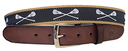 Mens Black and White Lacrosse Sticks Leather Belt, Lax Ribbon and webbing style belt, Brass Buckles