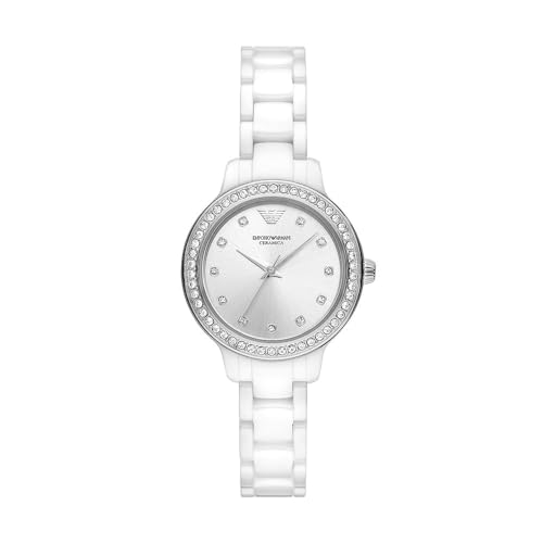 Emporio Armani Montre à trois aiguilles, en céramique, blanc et argenté, pour femme, AR70013