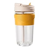 Reusable Glass Coffee Cup with Pop-up Straw& Sipping Hole, Toughened Travel Mug, Spill-proof, BPA& BPS Free (Lemon Yellow, 18Oz)