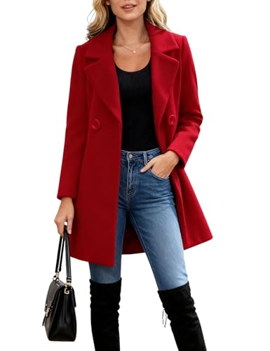 Omoone Women's Long Sleeve Slim Fit Warm Winter Wool Blend Pea Coat Overcoat(1056-Red-M)