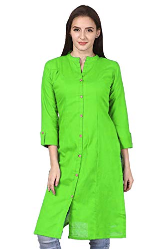 Vastraa Fusion Branded Women Solid Straight Cotton Kurta/Kurti - Parrot Green Color - L