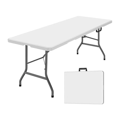 DWD Rectangle Folding Trestle Table 180cm 1.8m 6ft White - Outdoor Folding Table for Picnic, BBQ, Garden, Camping, Wedding, Party Catering, Dining, Event Presentation Bi-Fold Portable Easy to Set Up